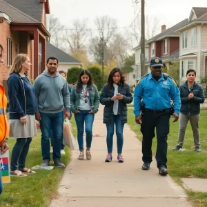 Volunteers and police searching for a missing teenager in a neighborhood