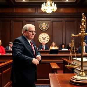 Visual representation of courtroom debate over gun control laws