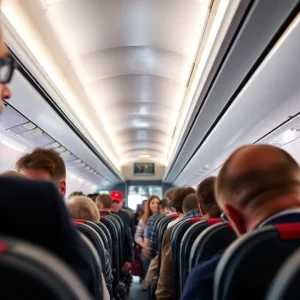 Interior of a flight with passengers and flight attendants managing a situation