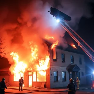 Firefighters extinguishing a fire at a vacant building in Kansas City
