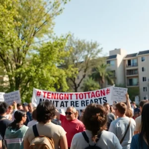 Community gathering at Independence Towers advocating for tenant rights