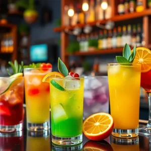 Colorful cocktails on a bar showcasing agave spirits.