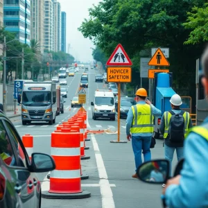 Construction workers on a road with traffic signs