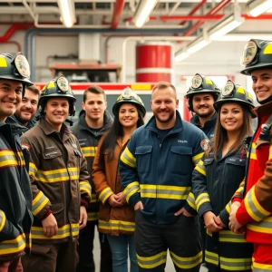 Diverse team members working in a city fire station