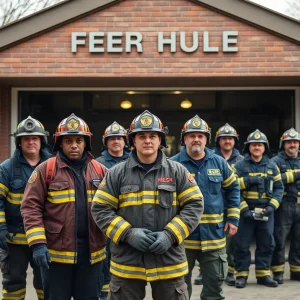 Diverse firefighters standing in front of a firehouse in Kansas City