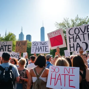 Community members gathering in Kansas City to stand against hate, with peaceful protest signs.