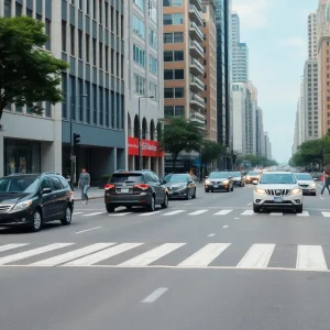Pedestrian crossing in Kansas City with vehicles around