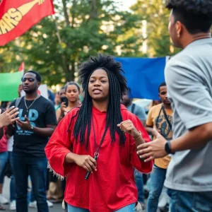 Community members participating in performance art for social justice in Kansas City.