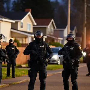 Police surrounding a residential area during standoff