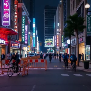 Urban entertainment district in Kansas City with cyclists