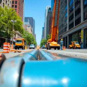 Construction crew repairing a water main in Kansas City