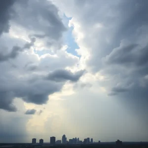 Weather in Kansas City with scattered clouds and glimpses of thunderstorm.