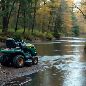 Riding lawn mower near a creek