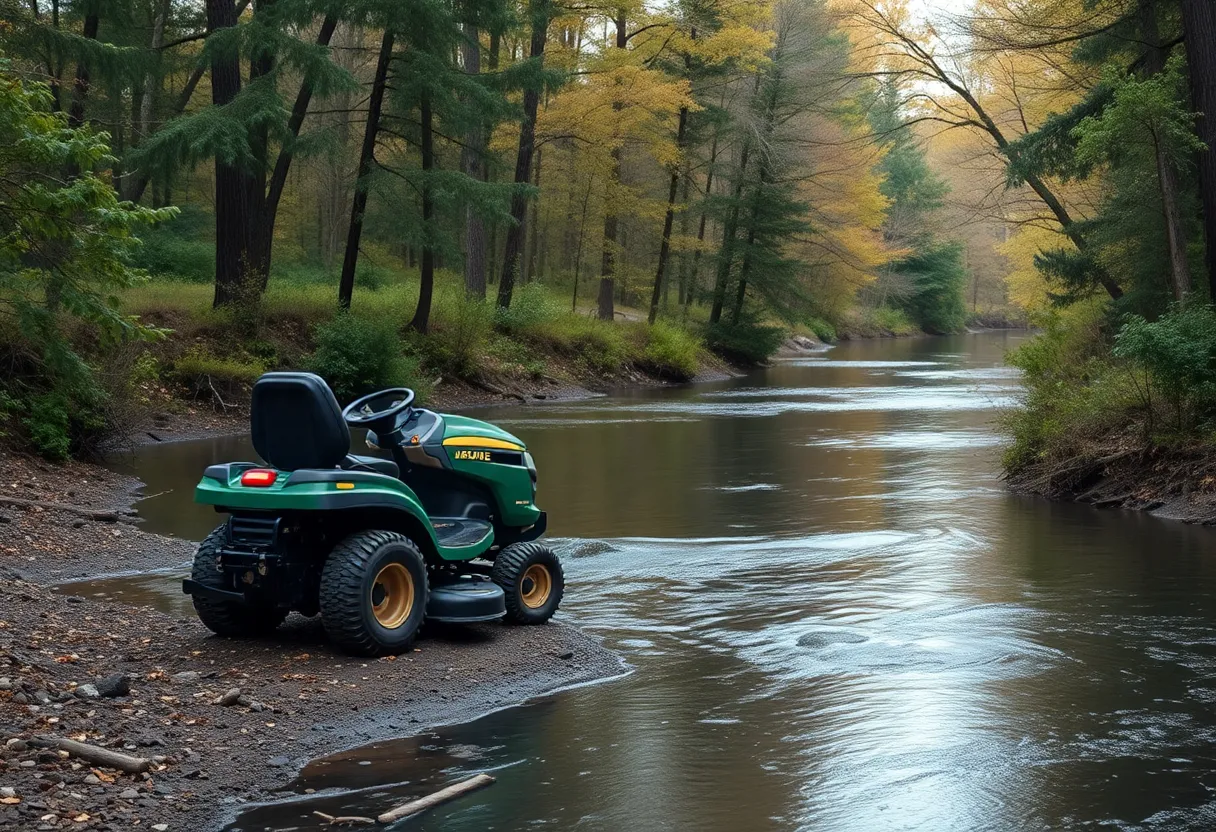 Riding lawn mower near a creek