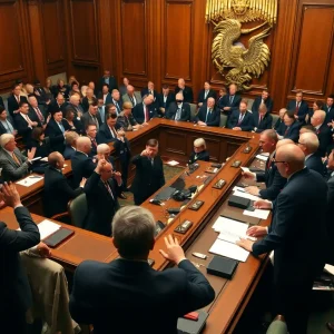 Lawmakers debating in a government chamber