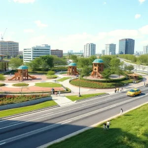 Concept design of Luminary Park in Kansas City showing recreational areas and greenery.