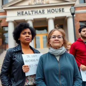 A family outside a courthouse showing concern about healthcare rights.