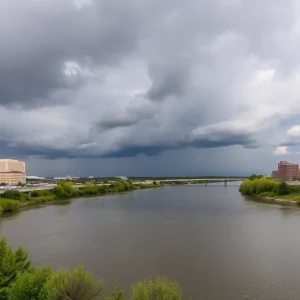 View of Missouri River with storm clouds