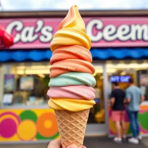 Five-flavor Rainbow Cone ice cream cone with colorful layers.