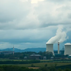 Industrial power plants emitting smoke and pollution