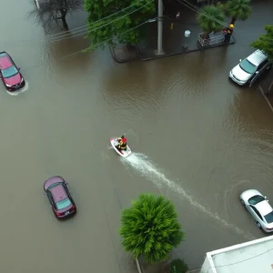 Aerial view of severe flooding in San Antonio with emergency rescue operations
