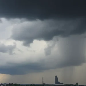 Thunderstorms darkening the sky over Kansas City