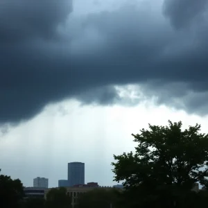 Storm clouds over Kansas City with rain