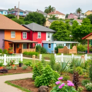 A colorful representation of Womontown, a lesbian community, with houses and a garden.
