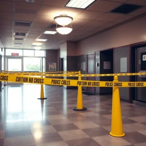 Scene of an empty bank lobby after an armed robbery.