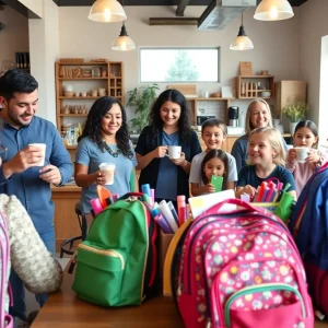 Community members participating in a back-to-school drive at a coffee shop