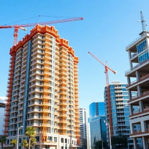 Construction of new housing in California with cranes and workers