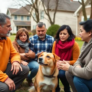 Community gathering discussing pet neutering with a dog in the background