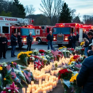 Community gathering to honor fallen firefighters with candles and flowers.