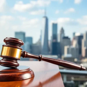 A gavel on a court desk with a city skyline in the background.