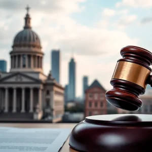 Gavel and city skyline representing legal aspects of elections