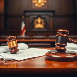 Image of a courtroom with legal documents and a gavel