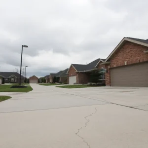 Visible cracks on concrete driveways in a Blue Springs neighborhood