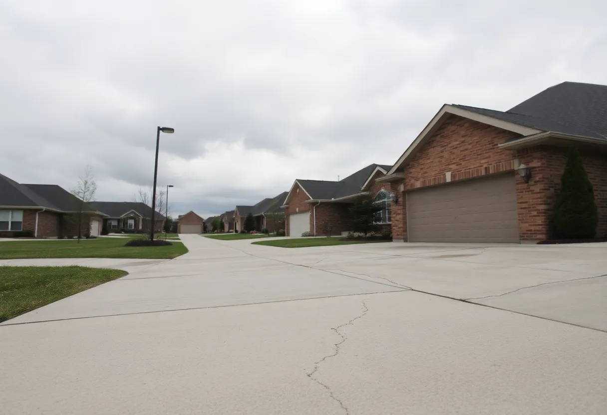 Visible cracks on concrete driveways in a Blue Springs neighborhood