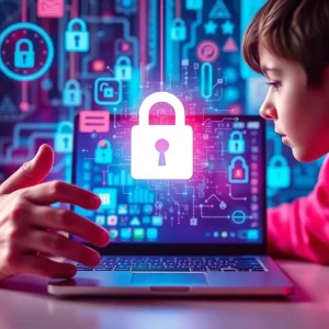 Abstract illustration of online safety and communication risks for minors