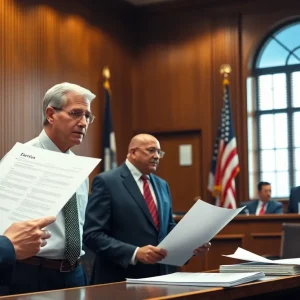 Courtroom with officials discussing legal compliance for elections
