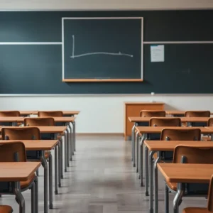 An empty classroom representing the impact of funding cuts on education.