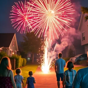 Families watching fireworks safely from a distance in a neighborhood.