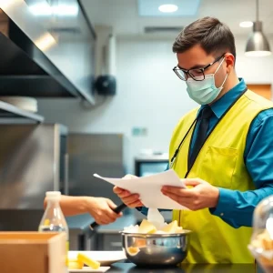 A health inspector assessing kitchen cleanliness and food safety compliance