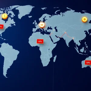Map showing global trade routes and tariff impacts