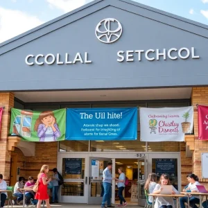 Exterior view of Hickman Mills School District building with students.