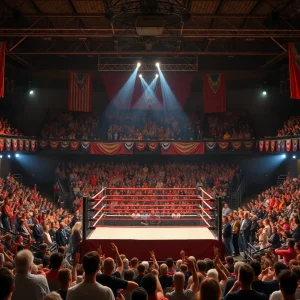 Arena filled with fans celebrating wrestling history