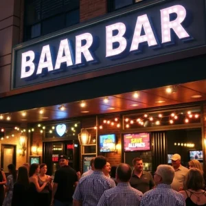 Exterior view of John's Big Deck Bar in downtown Kansas City, showcasing a lively crowd enjoying the nightlife.