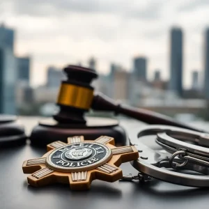 Symbol of justice with police badge and handcuffs