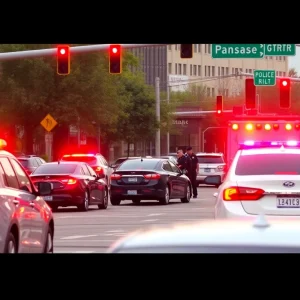 Scene of a car crash in Kansas City with police and emergency vehicles