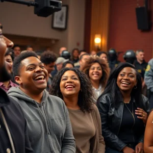 Scene from a comedy show with diverse audience reactions.